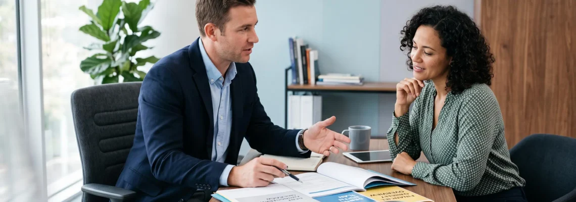Un conseiller financier rencontre un client pour discuter d'options de regroupement de crédits dans un bureau moderne