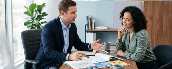 Un conseiller financier rencontre un client pour discuter d'options de regroupement de crédits dans un bureau moderne