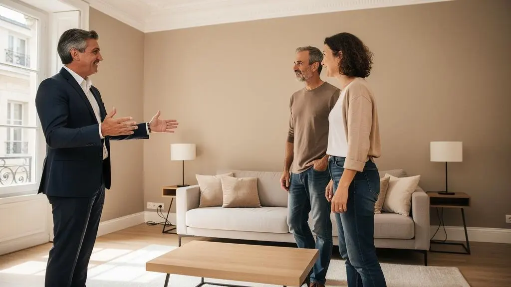 Mandataire immobilier réalisant une visite de bien avec des clients dans un intérieur résidentiel français