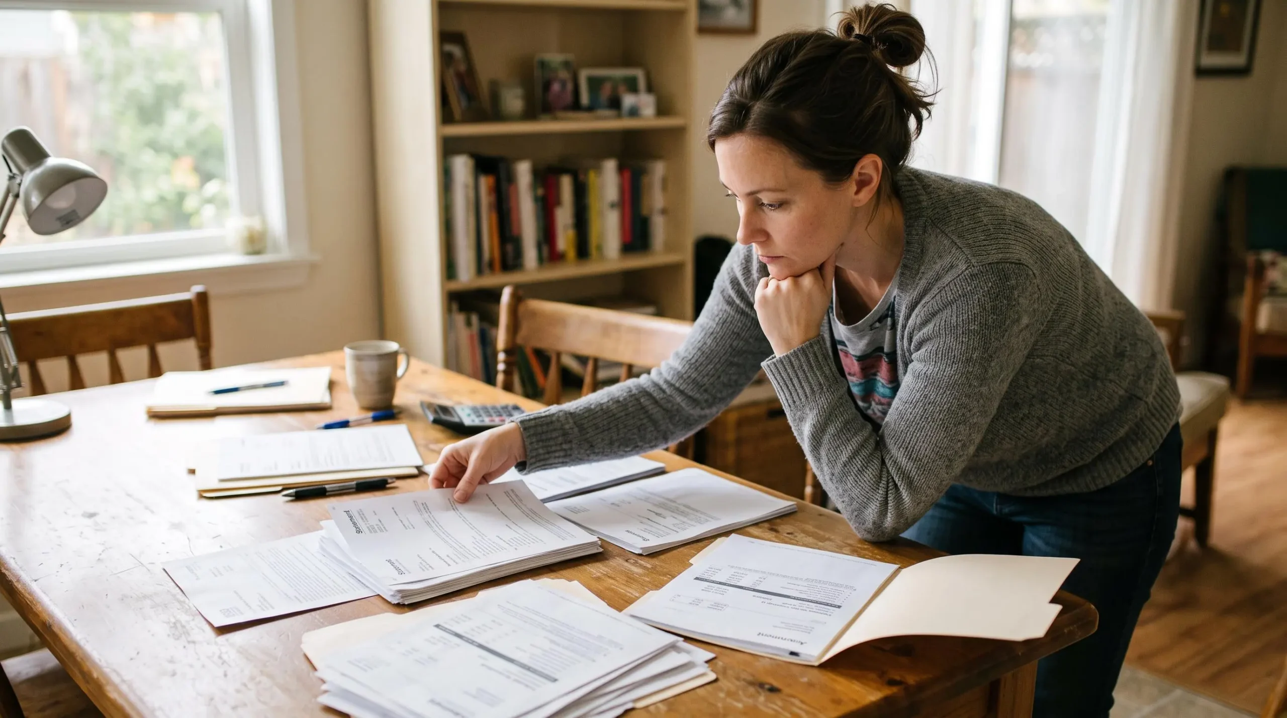 Une personne organise et compare plusieurs documents de crédits différents sur une table à domicile