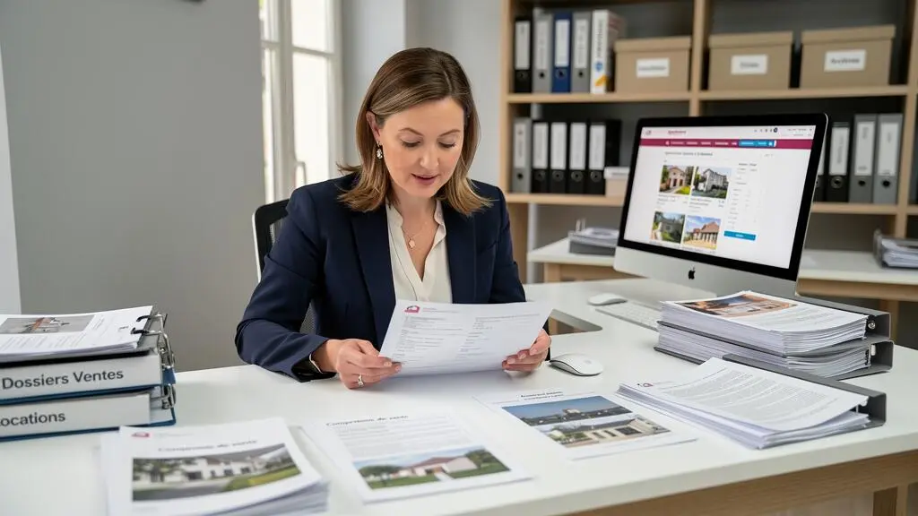 Professionnelle d'agence immobilière consultant des dossiers de propriétés dans son bureau