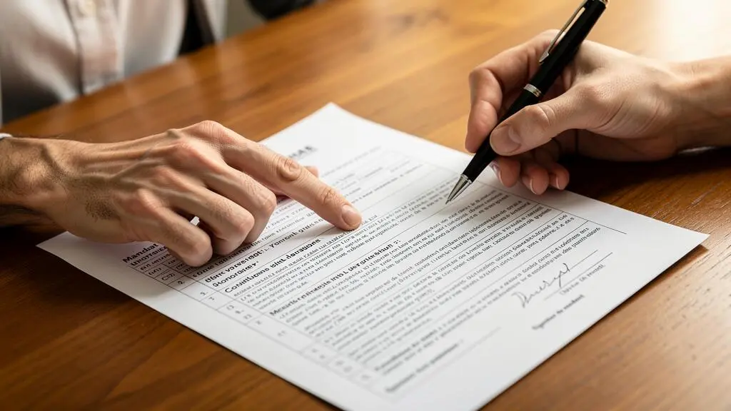 Mains d'un professionnel immobilier et d'un client consultant et signant un mandat de vente sur une table