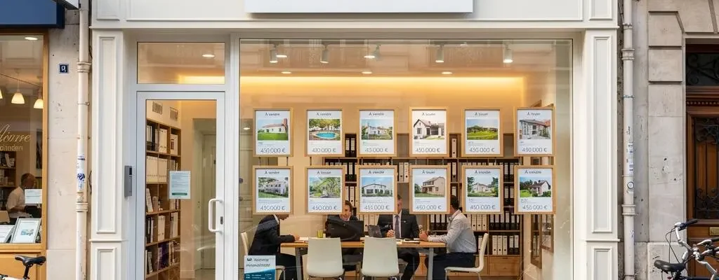 Vitrine d'une agence immobilière française avec annonces de biens affichées et activité professionnelle visible à l'intérieur