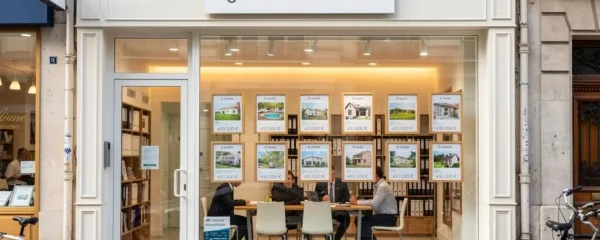 Vitrine d'une agence immobilière française avec annonces de biens affichées et activité professionnelle visible à l'intérieur