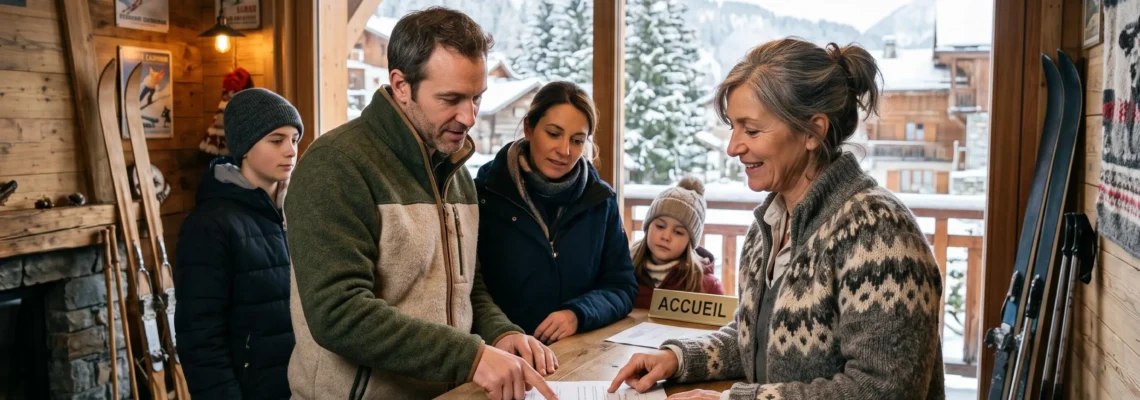 Une famille en tenue d'hiver relisant un contrat de location avec la propriétaire d'un chalet, à l'accueil boisé d'une station de montagne française.