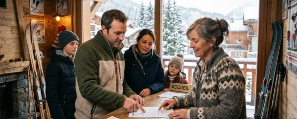 Une famille en tenue d'hiver relisant un contrat de location avec la propriétaire d'un chalet, à l'accueil boisé d'une station de montagne française.