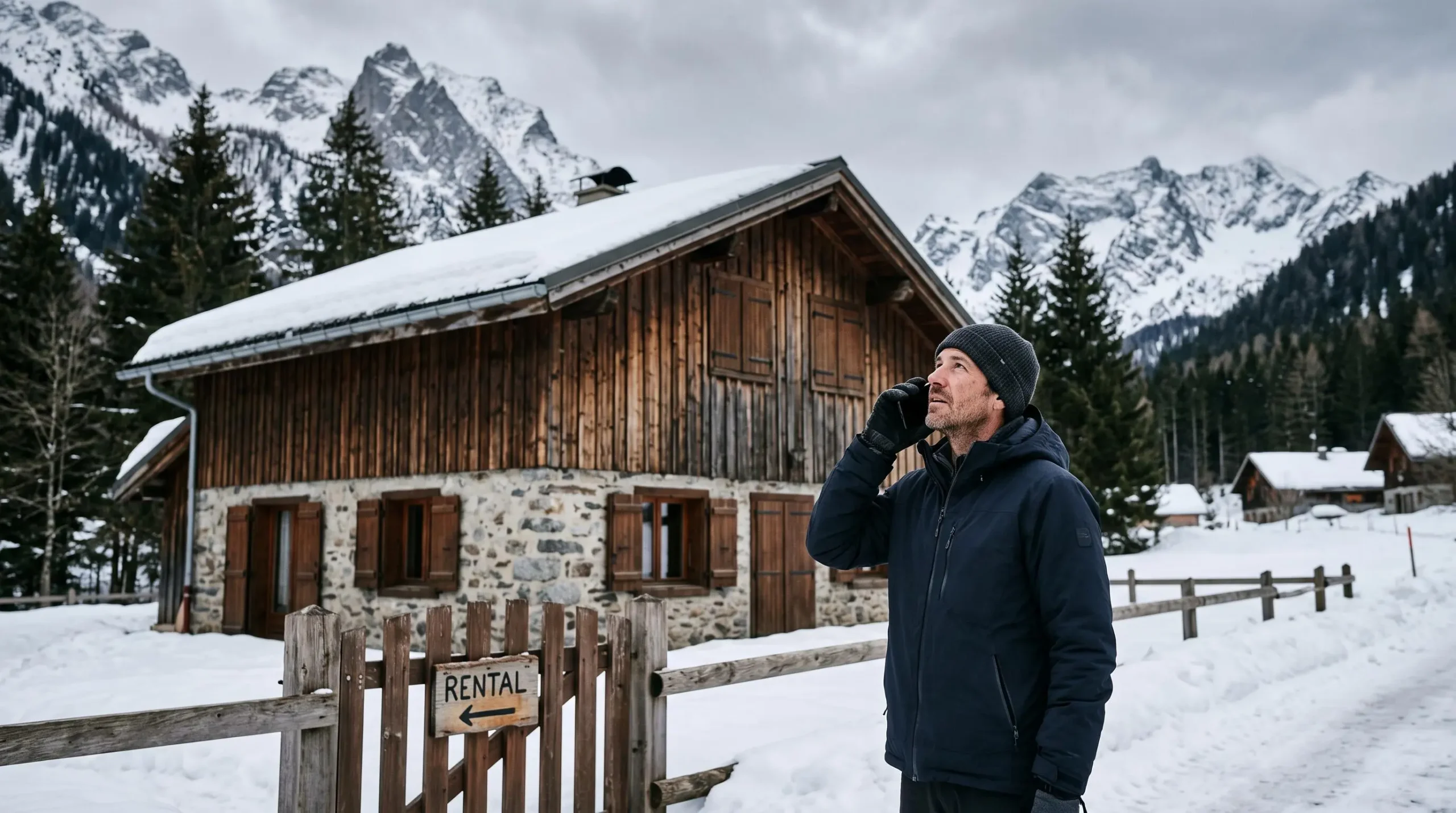 Un homme en veste d'hiver téléphone devant un chalet fermé dans une station de montagne française enneigée.